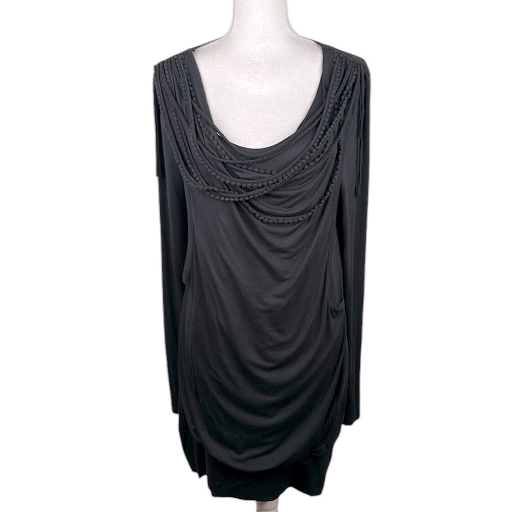 Anna Scott Black Long Sleeve Boho front Tassel Detail Dress Size Large